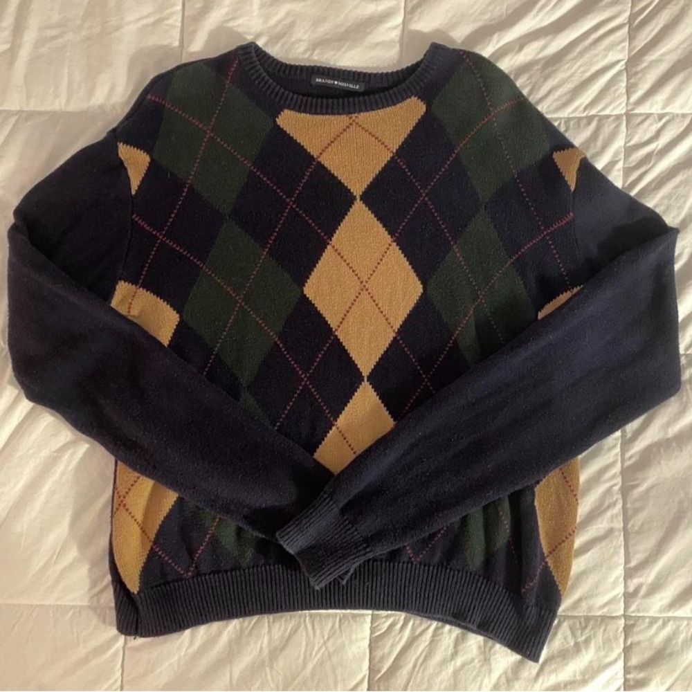 Brandy Melville Argyle Crewneck Sweater - Navy, Green & Tan